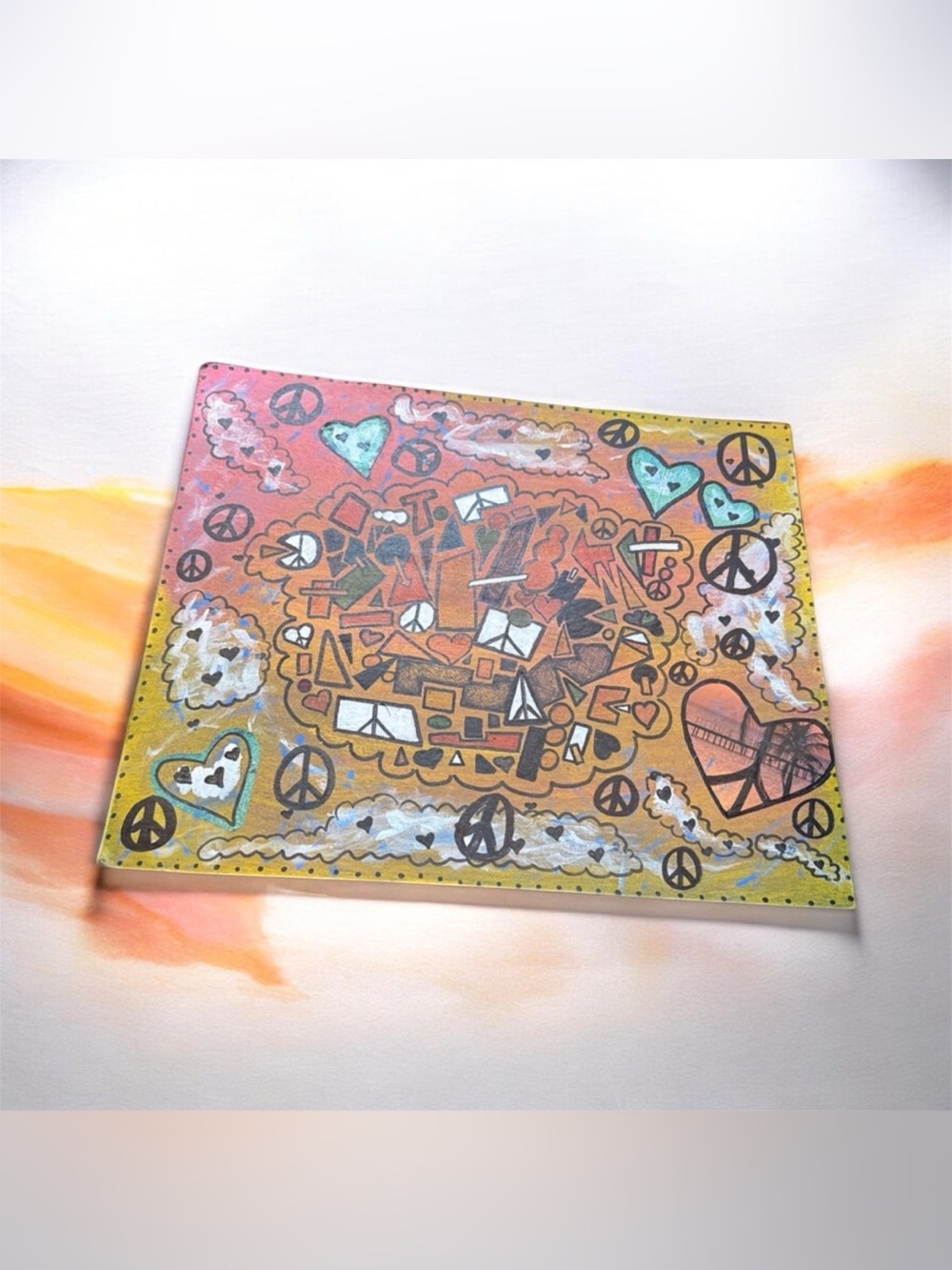 Handmade Abstract Peace & Heart Mixed-Media Art Print in Orange and Teal